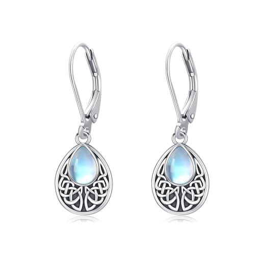 Mondstein Ohrringe Silber 925 Hängend Creolen Keltisches Regenbogen Tropfen Mondstein Leverback Ohrringe für Damen Hypoallergener Schmuck Geschenkbox