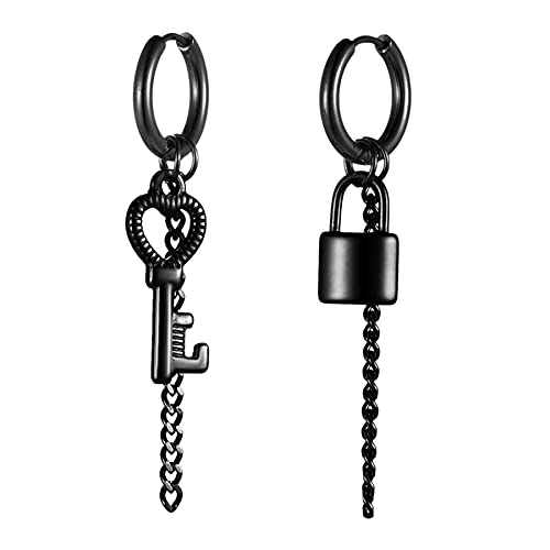 JewelryWe Schmuck Ohrringe Creolen mit Schloss Schlüssel und Kette Anhänger Edelstahl Hängend Ohrhänger Huggie Ohrstecker Geschenke für Herren Damen Schwarz