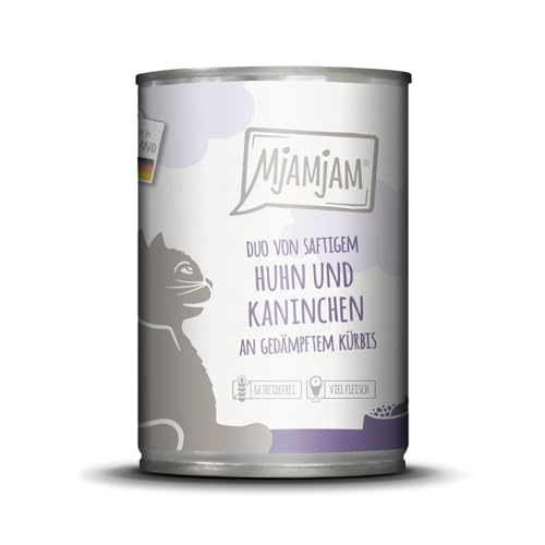 MjAMjAM - Premium Nassfutter für Katzen - Duo saftiges Huhn Kaninchen an gedämpftem Kürbis 1er Pack 1 x 400 g getreidefrei mit extra viel Fleisch