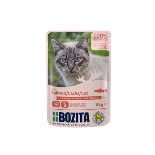 Bozita Pouch Nassfutter Häppchen in Sauce mit Lachs - 12x85g Portionsbeutel getreidefreies weizenfreies Futter für Katzen - Katzennassfutter für erwachsene Katzen mit 8 5% Protein 4 5% Fettgehalt
