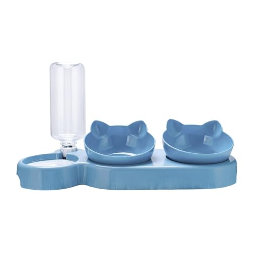 MagiDeal Dreifach-Katzennäpfe geneigte erhöhte Wasser- und Futternäpfe Futterspender automatische Wasserflaschen-Futternäpfe für Kätzchen Outdoor Nass- Hellblau