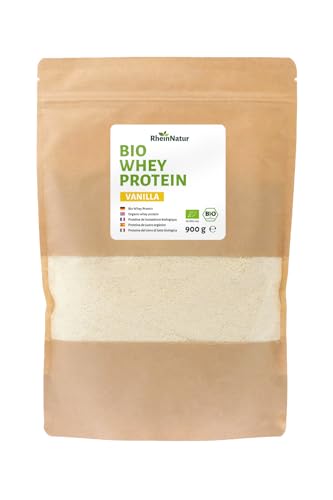 RheinNatur Bio Whey Protein-Pulver Vanille 900 g - Eiweißpulver mit natürlichem Aroma ohne Soja - 100% Bio Molke-Protein für Proteinshakes