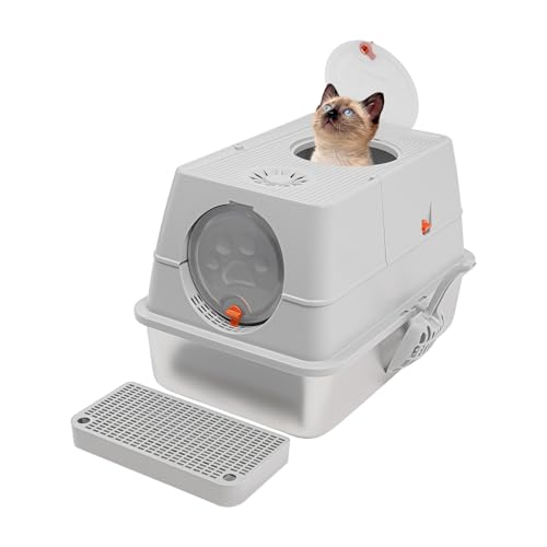 Edelstahl Katzenklo mit Deckel Geschlossenes Katzentoilette mit Schaufel und Fußpedal Geruchshemmend 120-Grad-Klappe Einfache Reinigung Hellgrau