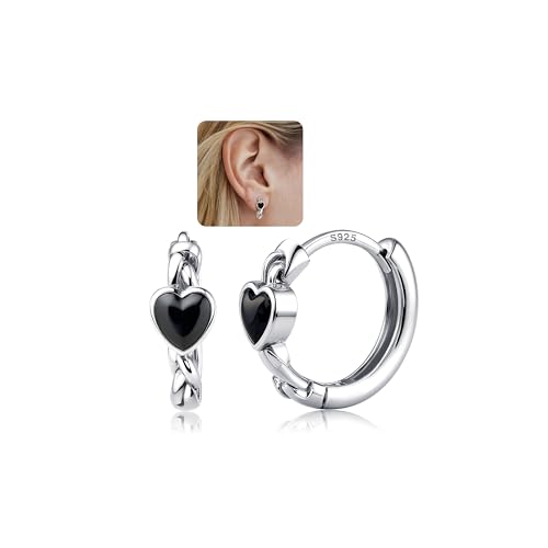 CASSIECA 925 Sterling Silber Creolen Ohrringe für Damen Mädchen Schwarze Herz Ohrringe Minimalistische Huggie Ohrringe