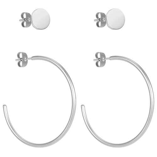 BONNYBIRD Creolen Silber Groß Ohrringe Damen Edelstahl Dünn Wasserfest Medizinische Ohrstecker Hypoallergen Chirurgenstahl Nickelfrei Schmuck Set Plättchen Stecker Ohrschmuck Hoops Frauen