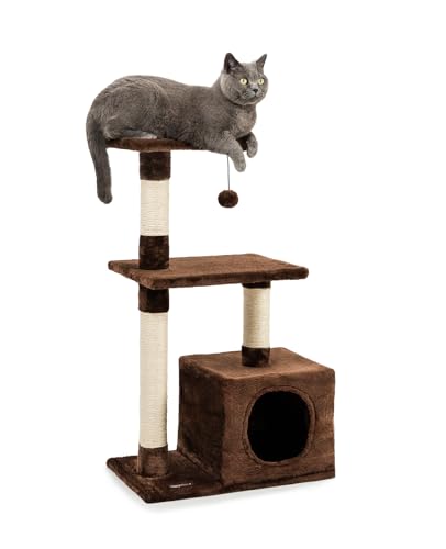 lionto Kratzbaum für Katzen mit Höhle und Plüschball inkl. Glöckchen Höhe 85 cm Katzenbaum mit Sisal Plüsch gemütliche Liegeflächen Höhle für kleine große Katzen geeignet braun