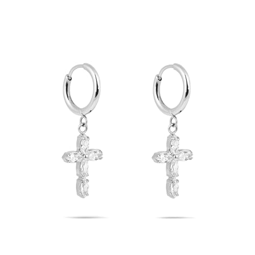 Tamaris Ohrring   Creole aus Edelstahl mit Kreuz Anhänger   Silber   1 2 cm   Klappverschluss   wasserfest hautfreundlich