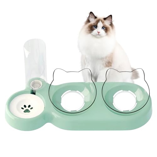 3 in 1 Fressnäpfe für Katzen Katzennapf-Set mit Automatischer Wasserflasche 15 Kippbare Katzennäpfe Erhöhte Futterstation für Katzen Geeignet für Kleine und Mittelgroße Katzen und Hunde