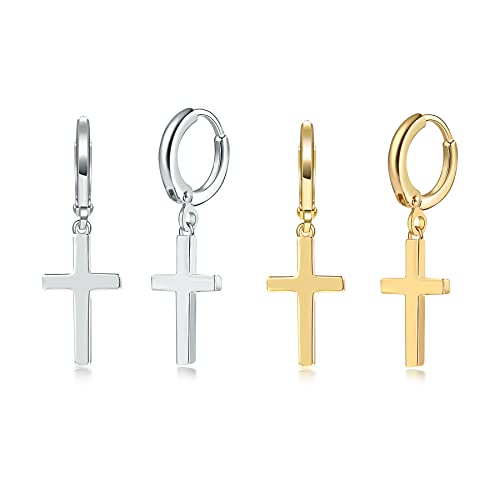 CERSLIMO Kreuz Creolen Silber 925 Gold Klein Kreuz Ohrringe mit Kreuz Anhänger Set Ohrstecker Herren Damen