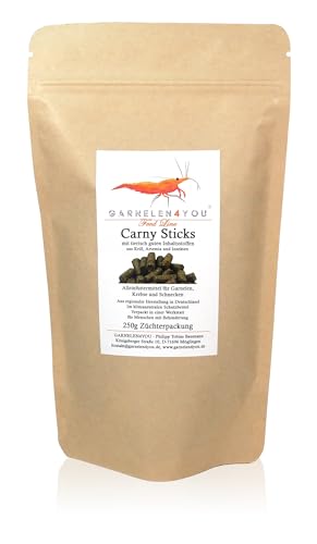 GARNELEN4YOU Carny Sticks proteinreiches Hauptfutter für Garnelen Krebse Schnecken Premium Garnelenfutter mit Krill Artemia Insekten nachhaltige Verpackung Made in Germany 250 g