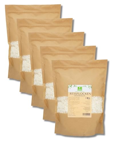 Reis Flocken 5kg 5 1kg von der Grünen Essenz weiße Reisflocken zum Frühstück Müsli und Backen - als Hundefutter Zusatzstoff - Reisflocken Reisbrei fur Pudding - Reis Gemüseflocken Vegan 5 kg