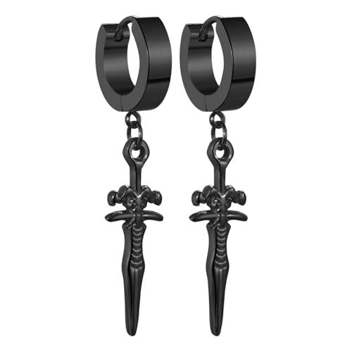 JewelryWe Schwert Creolen Ohrringe Herren Schwarz Edelstahl Creolen Huggie Ohrringe mit Dämon Ziegenkopf Dolch Anhänger Satan Punk Hängend Ohrringe Ohrstecker Halloween Geschenk für Männer Frauen