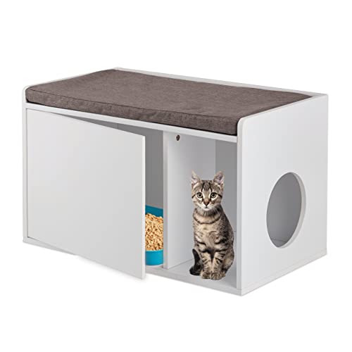Relaxdays Katzenschrank mit Sitzauflage 2in1 Katzenkommode Sitzbank HBT 45 5 x 75 x 43 cm für Katzenklo weiß grau
