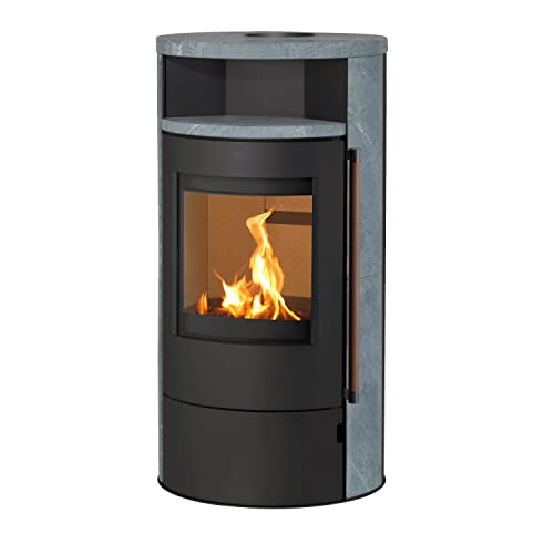 H M Kaminofen München Max Style schwarz Naturstein 150mm Rauchrohranschluss 8kw Holzofen Kohle Schwedenofen Steinverkleidung