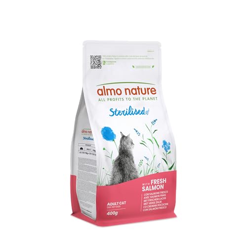 Almo Nature Sterilised - Trockenfutter für Sterilisierte Katzen mit Frischem Lachs - Mit Niedrigem Magnesiumgehalt und Ballaststoffen zur Gewichtskontrolle - 400g Beutel