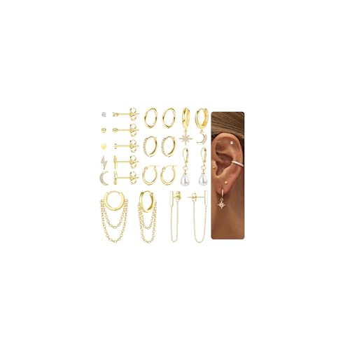 Morfetto Ohrring-Set für mehrere Piercing-Kettenohrringe Gold-Ohrring-Set Ohrstecker Creolen-Set Mond- und Stern-Perlen-Ohrringe Golden