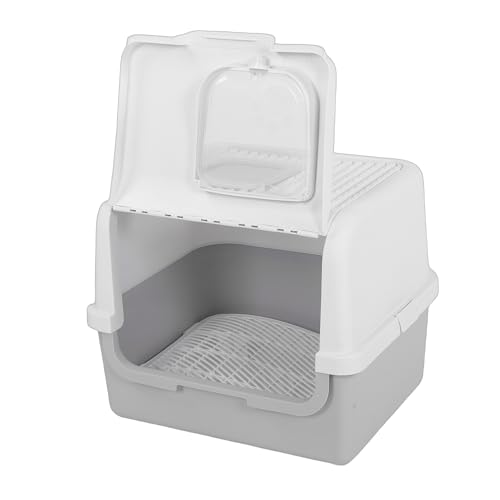 Pssopp Extra Große 3-in-1-Katzentoilette Standard-Katzentoiletten rutschfeste Trittstufe Spritzwasserschutz Geschlossene Katzentoilette mit Deckel Schaufel Pflegebürstenkanal für Zuhause