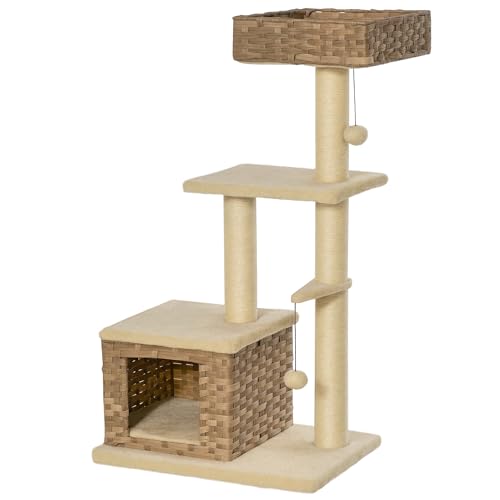 PawHut Rattan Katzenbaum Kratzbaum Kätzchen Möbel mit Katzenhöhle Ballspielzeug Sisal weiche Plüsch PE Höhe 108 cm Braun Beige