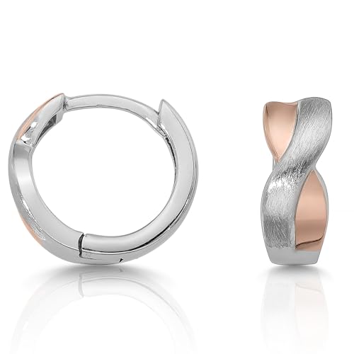 Cassini Kleine Creolen aus 925 Sterling Silber Bicolor Silber Ros -Gold matt poliert eingedreht Ohrringe Damen 3CSK