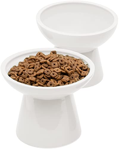 CEEFU 2 Stück Katzenschüssel aus Keramik extra breit für Futter Wasser flach flach Blei  Cadmiumfrei Erhöhte Höhe für Hunde Zwei verschiedene Tiefen Näpfe Weiß