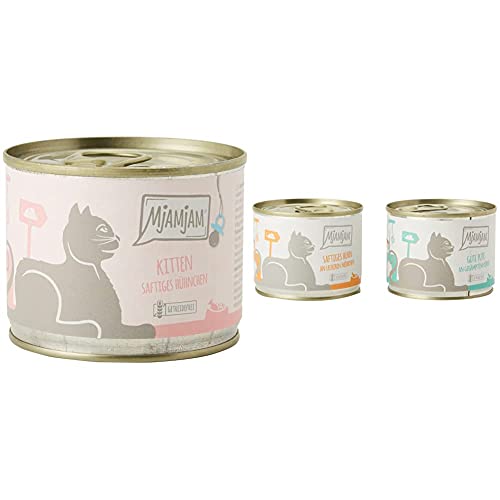 MjAMjAM - Premium Nassfutter für Katzen - Kitten saftiges Hühnchen mit Lachsöl 6er Pack 6 x 200 g Premium Nassfutter für Katzen - Monopaket 1 - mit Huhn und Pute 6er Pack 6 x 200 g