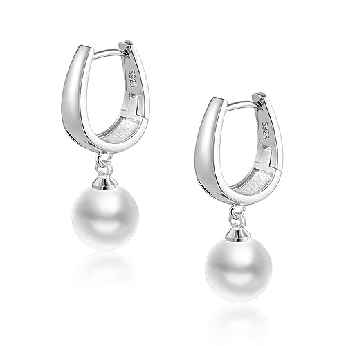 Perlenohrringe Creolen für Damen Versilberte Perlen Tropfen Ohrhänger S925 Kleine Huggie Creolen für Frauen und Mädchen Schmuckgeschenk