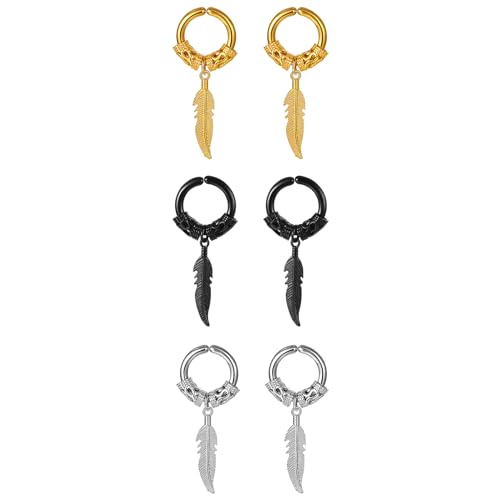 Flongo Fake Ohrringe ohne loch Damen Huggie Hoop Feder ohrclips schwarz gold silber Creolen ohne ohrloch Feather Ohrklemme Ohr Clips Earrings Gothic Edelstahl wikinger Schmuck Geschenk Frauen Herren
