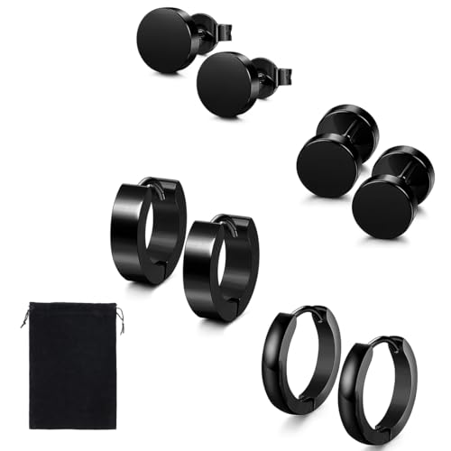 XBFOCNH 4 Paare Herren Ohrringe Edelstahl Creolen Hoops Earrings Set Ohrringe Männer Frauen Knorpel Helix Piercing Ohr Mode Punk Ohrringe Creolen Schwarz Ohrringe für Herren Damen