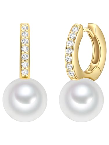 Rafaela Donata Damen Creolen aus 925 - Sterling Silber gelbvergoldet mit Rund Muschelkernperle 10 mm und Zirkonia weiß - Perlencreole Perlenohrhänger