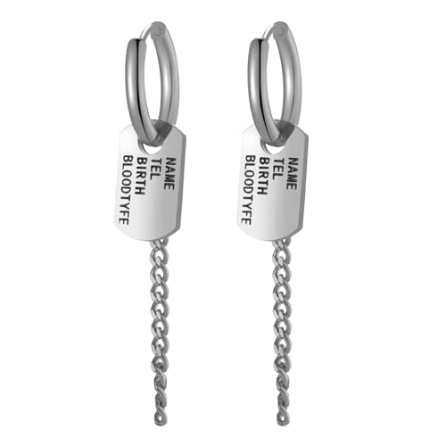 JewelryWe Ohrringe Creolen für Herren Damen Silber Edelstahl Kleine Creolen Huggie Ohrringe Ohrstecker Ohrhänger mit Baumelnde Kette und Rechteck Tag mit Gravur NAME TEL BIRTH BLOODTYFE