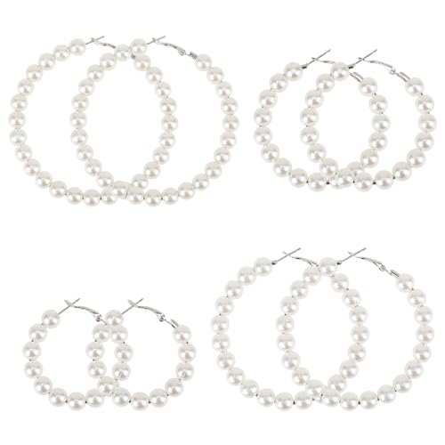 4 Paar Ohrringe Perlen Creolen für Damen Ohrringe für Frauen Perlen-Creolen für Frauen Kreis-Ohrringe Perlen-Perlen-Ohrringe große Creolen runde Perlen-Creolen für Frauen und Mädchen