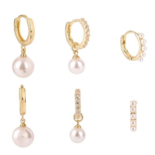 3 Paar Goldene Ohrringe und Perlenset Zierliche Creolen mit Perlen Goldenes Perlenohrring-Set für Damen Perlenohrstecker-Set Stapelperlenohrring Perlenohrringe für Damen