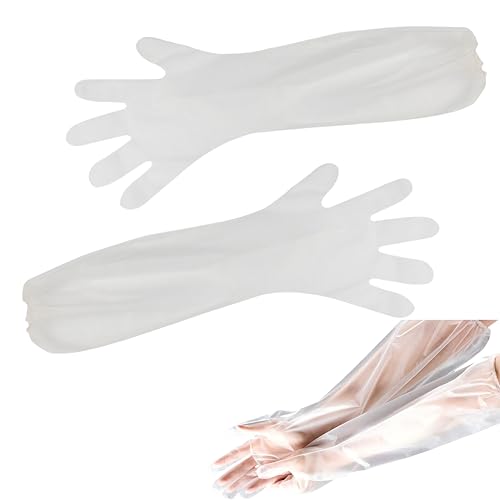 THXFUNAREA 30 Stück Langarm Handschuh Handschuhe Dehnbare Einweghandschuhe Einweg Weichplastikfolie Handschuhe Extra Lange Stulpe 60 cm