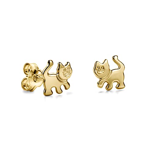 Miore Schmuck Kinder Mädchen Ohrstecker Katze Ohrringe aus Gelbgold 18 Karat 750 mit Schmetterlingsverschluss 7x 7 mm