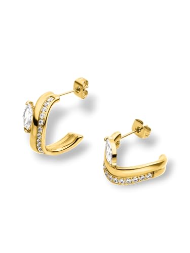 Purelei Elegante offene Creolen mit weißem Zirkonia-Stein Edelstahl Gold 14K vergoldet Silber Ros gold 18K Moderner Lagen-Look 20 mm Durchmesser hochwertige Ohrringe für Damen Gold