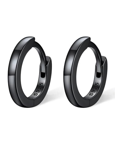 SILVERCUTE Creolen Klein Silber 925 Ohrringe Schwarz Damen Herren Mini Klappcreolen 8mm Helix Piercings Wasserfest Black Earrings Echt Silber Ohrschmuck