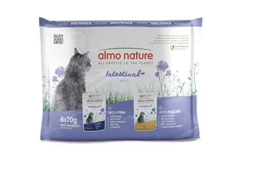 Almo Nature Functional - Intestinal Help - Feuchtnahrung für ausgewachsene Katzen mit empfindlichem Darm - mit Fisch und Geflügel - Unterstützung des Mikrobioms - 70g 6er Pack