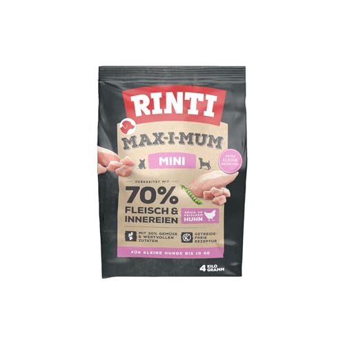 RINTI - Max-i-Mum Mini Trockenfutter für kleine ausgewachsene Hunde mit 70% Fleisch Innereien. Getreidefreies Alleinfutter mit ausgewogenem Protein- Fett-Verhältnis 2x4kg Huhn