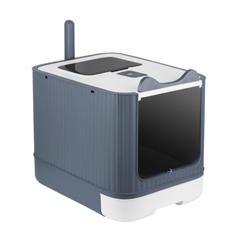 OHMG Katzenklo Edelstahl Katzentoilette mit Deckel Zubehör Inklusive Schaufel und Matte Katzen Klo Geschlossen Groß XXL Cat Litter Box Ausziehbares Tablett