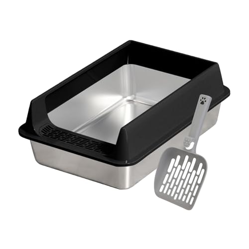 Katzentoilette spritzwassergeschütztes Tablett aus Edelstahl leicht zu reinigendes Haustierzubehör Langlebige Kätzchentoilette für kleine und große Katzen Wohnung Garten Terrasse Balkon drin