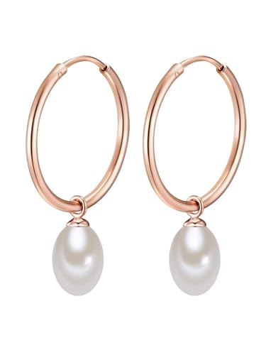 Valero Pearls Damen-Creolen mit Perlen-Anhänger Sterling Silber ros vergoldet mit Süßwasser-Zuchtperlen weiß - Perlenohrhänger Silber-Ohrringe