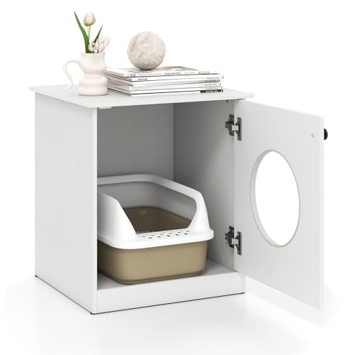 GYMAX mobiler Katzenstreuschrank Katzenhöhle mit kreisförmiger Öffnung Tragegriff rutschfeste Füße Katzen-Wohnschrank für Toilette Ruhestätte Weiß