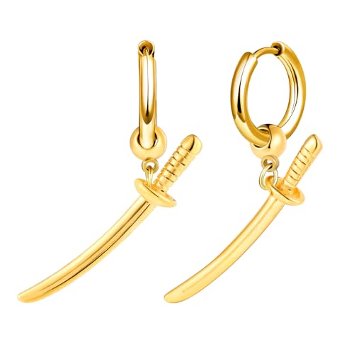 Yumilok Herren Damen Ohrringe Creolen Schwert Dolch Ohrringe Gold 12mm 2.5mm 32mm 3mm 7.2g Unisex Classic Design Hoop Huggie Echtes Edelstahl 304 Ohrhänger
