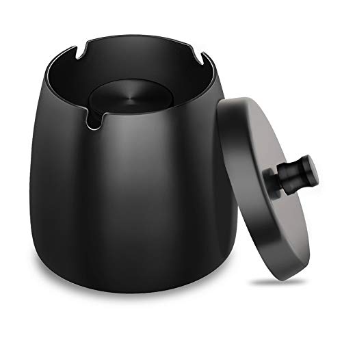 GothicBride Aschenbecher Edelstahl mit Deckel Schwerer Aschenbecher Sturm-Wind Rutschfestem Basis für Draußen und Innen Silber für Zigaretten-Reste und Asche in Garten Bar Büro Schwarz