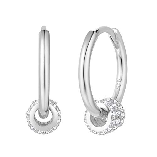 FANCIME 925 Sterling Silber mit Weiß Gold Plattiert Creolen Ohrringe Hängend Klein Ohrhänger mit Kugel Anhänger Geschenk für Damen Mädchen Kinder - Durchmesser 15 mm