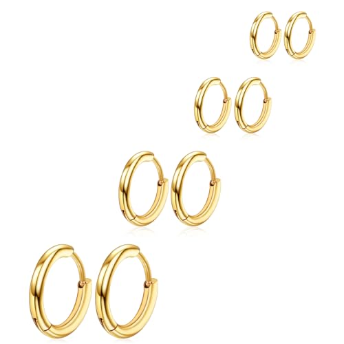 4 Paar Gold Edelstahl Kleine Hoop Edelstahl Set Goldene Hoops Hypoallergen Kleine für Herren 6 8 10 12 mm