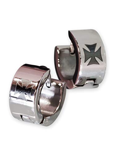 Fly Style Herren Ohrringe Klappcreolen - Eisernes Kreuz Edelstahl Creolen - Matt oder Poliert - Creolen Schwarz - Ohrringe für Herren Kreolen Farbwahl silber poliert Durchmesser 16 mm Breite 5 mm