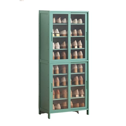 FHSLKXIM 8-Stöckiger Schuhschrank Mit Schiebetür-Design Großer Schuhschrank Aus Bambus Freistehender Schuhregal-Organizer Für Eingangsbereich Flur Und Schrank Grün 60 X 32 X 140 cm