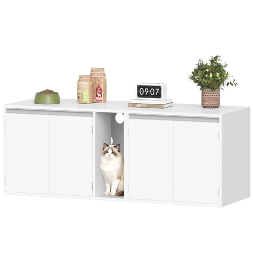 Hzuaneri Katzenschrank für 2 Katzen Katzenklo Schrank Katzenhaus Versteckt mit Doppelräumen Kann als Fernsehschrank Katzenmöbel 140 x 48 3 x 48 cm Weiß CB65603X