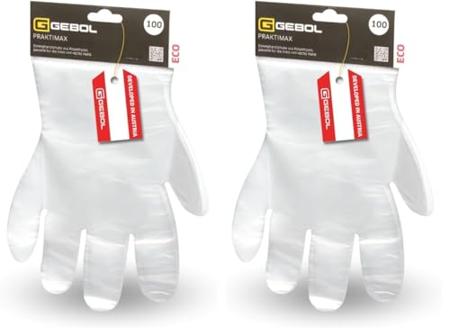 Gebol Praktimax 100 Stück Einweghandschuhe Plastik Schutzhandschuhe passend für linke und rechte Hand wasserfest durchsichtig Kartonaufhängung für einfache Entnahme Universalgröße